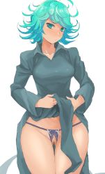 Rule 34 | 1girl, absurdres, aqua eyes, aqua hair, black dress, black panties, breasts, clothes lift, crotchless, crotchless panties, curly hair, dress, dress lift, gluteal fold, highres, looking at viewer, minakami (flyingman555), navel, one-punch man, panties, pussy, simple background, solo, tatsumaki, uncensored, underwear, white background, wide hips