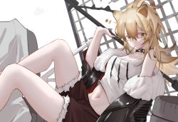 Rule 34 | 1girl, animal, animal ears, arknights, bare legs, black jacket, blonde hair, breasts, candy, commentary request, feet out of frame, food, from side, fur trim, hammer, holding, ifi (1158029887), jacket, jacket on shoulders, knees up, lion ears, lollipop, medium breasts, midriff, mouth hold, navel, off shoulder, ponytail, red shorts, shirt, short shorts, shorts, siege (arknights), simple background, sitting, solo, thighs, weapon, white background