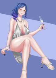 Rule 34 | 1girl, alcohol, arm support, azur lane, backless dress, backless outfit, bare shoulders, blue background, blue hair, blue nails, blush, bracelet, breasts, champagne flute, cleavage, closed mouth, crossed legs, cup, dress, drinking glass, earrings, evening gown, grey dress, halter dress, halterneck, high heels, highres, holding, holding cup, jewelry, large breasts, nail polish, necklace, orange eyes, plunging neckline, revealing clothes, side ponytail, sidelocks, silver dress, silver footwear, sitting, smile, st. louis (azur lane), st. louis (luxurious wheels) (azur lane), takamine8848, thighs