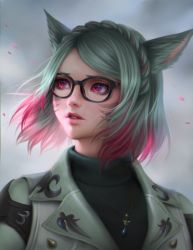 Rule 34 | 1girl, animal ears, asymmetrical bangs, warrior of light (ff14), braid, cat ears, commission, crown braid, facial mark, final fantasy, final fantasy xiv, glasses, green hair, highres, jacket, jewelry, lianeige, lips, looking to the side, miqo&#039;te, multicolored hair, necklace, parted lips, pendant, pink eyes, realistic, short hair, single braid, solo, two-tone hair, whisker markings, wind