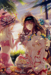 Rule 34 | 3girls, altoclub, bikini, brown hair, bubble tea (food fantasy), commentary request, detached sleeves, food, food fantasy, green eyes, hat, highres, holding, holding spoon, long hair, multiple girls, parfait, rice (food fantasy), smile, spoon, swimsuit, tiramisu (food fantasy), twintails, white hair, yellow eyes