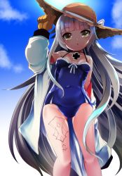 Rule 34 | 1girl, :o, arm up, azur lane, bare shoulders, blue one-piece swimsuit, blue sky, blunt bangs, blush, breasts, brown eyes, brown gloves, brown hat, casual one-piece swimsuit, cloud, cloudy sky, collarbone, commentary request, covered navel, cross, day, gloves, gluteal fold, groin, hat, highres, iron cross, jacket, long hair, long sleeves, off shoulder, one-piece swimsuit, open clothes, open jacket, parted lips, silver hair, sky, small breasts, solo, standing, sun hat, swimsuit, takara akihito, very long hair, white jacket, z46 (azur lane), z46 (her first summer) (azur lane)