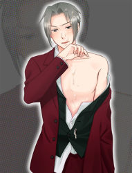 Rule 34 | 1boy, cum, cum on body, ace attorney, looking at viewer, male focus, miles edgeworth, silver hair, solo focus, yaoi