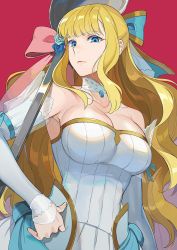 Rule 34 | 1girl, alternate costume, armpits, bare shoulders, blonde hair, blue eyes, bow, breasts, bridal gauntlets, charlotte (bridal) (fire emblem), charlotte (fire emblem), cleavage, collarbone, cowboy shot, dress, expressionless, fire emblem, fire emblem fates, fire emblem heroes, flower, gloves, hair bow, hair flower, hair ornament, hand on own hip, highres, kyufe, large breasts, lips, long hair, looking at viewer, nintendo, oversized object, red background, simple background, solo, spoon, wedding dress, white dress, white gloves