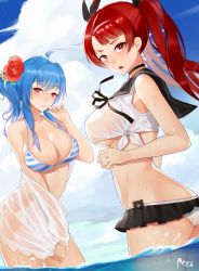 Rule 34 | 2girls, alternate costume, azur lane, bare shoulders, bikini, bikini top only, black ribbon, breasts, cleavage, collarbone, flower, hair flower, hair ornament, hair ribbon, highres, honolulu (azur lane), large breasts, long hair, looking at viewer, multiple girls, red eyes, red hair, ribbon, see-through, st. louis (azur lane), string bikini, striped bikini, striped clothes, swimsuit, twintails, yueguang zhanglang