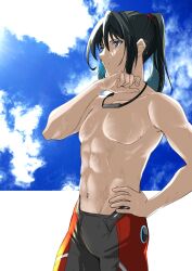 Rule 34 | 1boy, black hair, blue sky, cloud, commentary request, hair between eyes, hand on own hip, high ponytail, highres, long hair, looking ahead, male focus, navel, nayuta-kanata, noah (xenoblade), parted lips, pectorals, sky, solo, standing, toned, toned male, wet, xenoblade chronicles (series), xenoblade chronicles 3