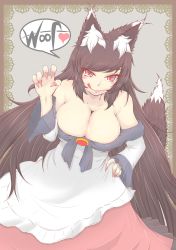 Rule 34 | 1girl, :q, animal ears, bare shoulders, breasts, brooch, brown hair, cleavage, cube85, fang, fingernails, hand on own hip, heart, highres, imaizumi kagerou, jewelry, large breasts, licking lips, long fingernails, long hair, long sleeves, nail polish, red eyes, red nails, sharp fingernails, shirt, skirt, slit pupils, smile, solo, spoken heart, tail, tongue, tongue out, touhou, very long hair, werewolf, wide sleeves, wolf ears, wolf tail