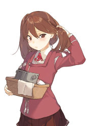 Rule 34 | 10s, 1girl, basket, brown eyes, brown hair, duoyuanjun, hair down, highres, japanese clothes, kantai collection, long hair, miniskirt, pulled by self, ryuujou (kancolle), simple background, skirt, solo, visor cap, white background