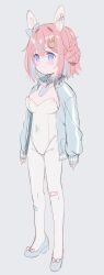 Rule 34 | 1girl, absurdres, animal ears, bandaid, bandaid on knee, bandaid on leg, blue bow, blue eyes, blue footwear, blue hair, blue nails, blush, bow, breasts, closed mouth, collarbone, covered navel, crossed bandaids, ear bow, full body, grey background, grey jacket, groin, hair between eyes, hair bun, hair ornament, highres, jacket, leotard, long sleeves, medium breasts, meito (maze), multicolored hair, nail polish, open clothes, open jacket, original, pantyhose, pink hair, puffy long sleeves, puffy sleeves, rabbit ears, rabbit hair ornament, shoes, simple background, single side bun, sleeves past wrists, solo, standing, strapless, strapless leotard, streaked hair, track jacket, white leotard, white pantyhose