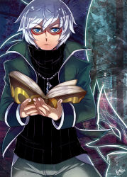 Rule 34 | 1boy, bad id, bad tumblr id, book, chaos (under night in-birth), glasses, green eyes, khaliqa bell, looking at viewer, male focus, open book, red-framed eyewear, ribbed sweater, short hair, solo, sweater, under night in-birth, white hair