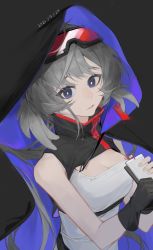 Rule 34 | 1girl, absurdres, arknights, black background, black cloak, black gloves, blue eyes, breasts, cleavage, cloak, dated, feather hair, gloves, goggles, goggles on head, grey hair, highres, holding, hood, hood up, hooded cloak, looking at viewer, medium breasts, mulberry (arknights), red-tinted eyewear, shirt, short hair, simple background, sleeveless, sleeveless shirt, solo, tinted eyewear, two-sided cloak, two-sided fabric, upper body, white shirt, yumingtongxue