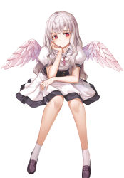 Rule 34 | 1girl, angel wings, arm support, black footwear, blush, btraphen, closed mouth, commentary request, feathered wings, grey hair, grey wings, hair between eyes, highres, jewelry, leaning forward, loafers, long hair, original, pendant, puffy short sleeves, puffy sleeves, red eyes, shirt, shoes, short sleeves, simple background, sitting, skirt, smile, socks, solo, very long hair, white background, white shirt, white skirt, white socks, wings
