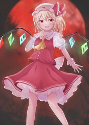 Rule 34 | 1girl, :d, absurdres, arm at side, ascot, back bow, blonde hair, blurry, blurry background, blush, bow, breasts, bright pupils, ciruciru0810, commentary request, crystal, eyebrows hidden by hair, fang, feet out of frame, finger to mouth, flandre scarlet, frilled bow, frilled skirt, frilled sleeves, frilled wrist cuffs, frills, full moon, hair between eyes, hand up, hat, hat bow, highres, index finger raised, long hair, looking at viewer, medium breasts, mob cap, moon, night, open mouth, outdoors, puffy short sleeves, puffy sleeves, red bow, red eyes, red moon, red skirt, red vest, shirt, short sleeves, side ponytail, skin fang, skirt, smile, solo, standing, touhou, vest, white bow, white hat, white shirt, wings, wrist cuffs, yellow ascot