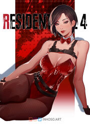 Rule 34 | 1girl, ada wong, asian, asymmetrical hair, bare shoulders, belt, belt buckle, black eyes, black hair, bow, bowtie, breasts, buckle, chest harness, cleavage, closed mouth, collarbone, commentary, detached collar, english commentary, eyelashes, fishnet pantyhose, fishnets, hair behind ear, harness, holster, inhoso, leotard, looking at viewer, medium breasts, multiple belts, pantyhose, red bow, red bowtie, red leotard, red lips, resident evil, resident evil 4, resident evil 4 (remake), shiny clothes, short hair, shoulder holster, sitting, solo, swept bangs, yokozuwari