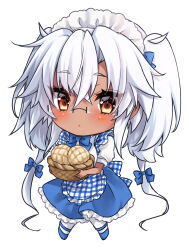 Rule 34 | 1girl, absurdres, apron, basket, blue apron, blue footwear, blue ribbon, blue skirt, bread, breasts, chibi, crossed bangs, dark-skinned female, dark skin, food, frilled apron, frills, full body, glasses, grey hair, hair between eyes, hair ribbon, highres, holding, holding basket, jewelry, kantai collection, long hair, looking at viewer, low twintails, mashiro yukiya, musashi (kancolle), musashi kai ni (kancolle), plaid, plaid apron, puffy short sleeves, puffy sleeves, ribbon, rimless eyewear, ring, shirt, short sleeves, skirt, solo, twintails, two-tone apron, very long hair, wedding ring, white apron, white shirt