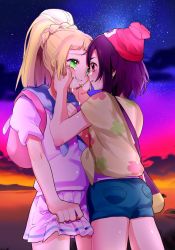 Rule 34 | 2girls, ankea (a-ramo-do), backpack, bag, beanie, black hair, blonde hair, cloud, creatures (company), crying, crying with eyes open, eye contact, face-to-face, forced smile, game freak, green eyes, green shorts, handbag, hands on another&#039;s face, hat, lillie (pokemon), long hair, looking at another, multiple girls, nintendo, pokemon, pokemon sm, ponytail, red hat, selene (pokemon), shirt, short hair, short sleeves, shorts, skirt, sky, star (sky), starry sky, tears, tied shirt, white shirt, white skirt, yuri
