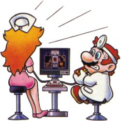 Rule 34 | 1boy, 1girl, blue eyes, brown hair, clenched teeth, doctor, dr. mario, dr. mario (game), facial hair, famicom, from behind, full body, game console, gloves, hat, legs together, long hair, looking at another, lowres, mario, mario (series), mustache, nintendo, nurse, nurse cap, official art, orange hair, pink footwear, pink skirt, playing games, princess peach, short hair, simple background, sitting, skirt, super mario bros. 1, sweatdrop, teeth, television, transparent background, white gloves
