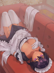 Rule 34 | 1girl, black hair, blush, breasts, cleavage, closed mouth, collarbone, dark-skinned female, dark skin, downblouse, elbow gloves, garter straps, gloves, hand on own chest, konbu wakame, large breasts, lilith (saikin yatotta maid ga ayashii), looking at viewer, lying, maid, maid headdress, mole, mole on breast, mole under eye, on back, purple eyes, saikin yatotta maid ga ayashii, sample watermark, short hair, smile, solo, thighhighs, upside-down, watermark, white gloves, white thighhighs
