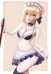 Rule 34 | 1girl, alternate costume, apron, artoria pendragon (all), artoria pendragon (alter swimsuit rider) (fate), artoria pendragon (fate), bare shoulders, bikini, black bikini, black bow, black ribbon, blonde hair, border, bow, braid, breasts, cleavage, commentary request, crossed legs, curtsey, fate/grand order, fate (series), french braid, frilled apron, frilled bikini, frills, hair between eyes, hair ribbon, holding, looking at viewer, maid, maid bikini, maid headdress, medium breasts, navel, open mouth, outside border, ribbon, saber alter, short hair, sidelocks, solo, swimsuit, teeth, thighhighs, thighs, tongue, twit eg0, unconventional maid, upper teeth only, waist apron, white apron, white border, wrist cuffs, yellow background, yellow eyes