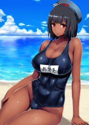 Rule 34 | 10s, 1girl, abs, alternate skin color, arm support, bare shoulders, beach, black hair, breasts, cleavage, cloud, covered navel, dark-skinned female, dark skin, day, groin, hat, huge breasts, ishimiso (ishimura), kantai collection, looking at viewer, one-piece swimsuit, red eyes, school swimsuit, short hair, sitting, smile, solo, swimsuit, takao (kancolle), thigh gap, thighs