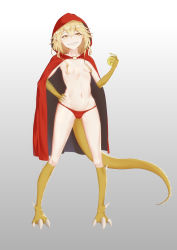 Rule 34 | 1girl, absurdres, barefoot, blonde hair, breasts, cape, claws, food, fruit, gluteal fold, grey background, hand up, highres, holding, holding food, holding fruit, hood, hood up, jiliang jiying yumao, lizard tail, looking at viewer, monster girl, navel, original, panties, pointy ears, red cape, red hood, red panties, scales, sharp teeth, short hair with long locks, sidelocks, small breasts, smile, solo, tail, teeth, underwear, yellow eyes