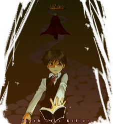 Rule 34 | 2boys, black hair, book, bow, brown eyes, cape, darren shan, larten crepsley, multiple boys, necktie, open book, open mouth, outstretched arm, red hair, road, sayoshi, shaded face, short hair, the saga of darren shan, vampire, vest