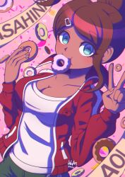 Rule 34 | 1girl, 2023, asahina aoi, breasts, brown hair, character name, cleavage, collarbone, confetti, danganronpa: trigger happy havoc, danganronpa (series), dark-skinned female, dark skin, dated, doughnut, eating, food, hair ornament, hairclip, highres, inglebard, jacket, large breasts, long sleeves, open clothes, open jacket, pink background, red jacket, signature, smile, solo, v