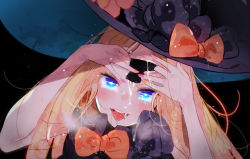 Rule 34 | 1girl, abigail williams (fate), alicecrazy, black background, black bow, black hair, blonde hair, blue eyes, blush, bow, commentary request, fate/grand order, fate (series), hat, hat bow, head tilt, keyhole, long hair, looking at viewer, multicolored nails, nail polish, open mouth, orange bow, orange nails, parted bangs, pink nails, solo, suggestive fluid, sweat, tears, teeth, tongue, tongue out, uncommon stimulation, upper teeth only, witch hat
