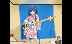 Rule 34 | 1girl, bass guitar, bed, bedroom, blue hair, bocchi the rock!, box, cable, character print, chin strap, closed mouth, commentary request, dress, fake video, feet out of frame, frilled dress, frilled hairband, frilled sleeves, frills, hair ornament, hairband, hairclip, headphones, holding, holding instrument, indoors, instrument, izumi konata, lolita fashion, long sleeves, looking at viewer, lucky star, mole, mole under eye, music, parody, pillarboxed, pillow, pink dress, playing instrument, shirao, short hair, shoulder strap, smile, solo, standing, tarpaulin, thighhighs, user interface, white thighhighs, yamada ryo, yellow eyes