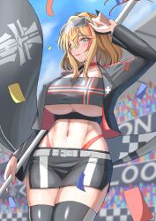 Rule 34 | 1girl, absurdres, alternate costume, arm up, azur lane, belt, black jacket, black skirt, black thighhighs, black tube top, blonde hair, blue sky, blush, breasts, choker, cloud, collarbone, commentary, confetti, cowboy shot, cropped jacket, day, flag, grey belt, groin, hair between eyes, highres, holding, holding pole, iron blood (emblem), jacket, large breasts, long sleeves, looking at viewer, midriff, multicolored hair, namazake, navel, open clothes, open jacket, open mouth, outdoors, pole, race queen, red choker, red hair, red nails, roon (azur lane), short hair, sidelocks, skindentation, skirt, sky, smile, solo, standing, strapless, streaked hair, sunglasses, thighhighs, tube top, underboob, yellow eyes, zettai ryouiki