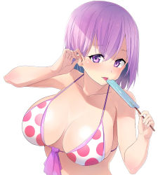 Rule 34 | 1girl, :p, alternate costume, bare shoulders, bikini, blush, breasts, breasts apart, collarbone, eyelashes, fate/grand order, fate (series), food, front-tie bikini top, front-tie top, hair between eyes, tucking hair, hands up, highres, holding, large breasts, looking at viewer, mash kyrielight, open mouth, popsicle, purple eyes, purple hair, short hair, sideboob, simple background, skindentation, smile, solo, swimsuit, tongue, tongue out, white background, xiaodi
