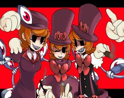 Rule 34 | 3girls, aged up, arm around neck, bad id, bad pixiv id, bow, captain kirb, cigar, dress, dress shirt, dual persona, extra eyes, eye socket, fedora, gloves, hat, highres, looking at viewer, matches, mechanical arms, multiple girls, multiple persona, necktie, orange hair, peacock (skullgirls), red background, red eyes, sharp teeth, shirt, short hair, simple background, skullgirls, smile, smoke, teeth, time paradox, top hat, white gloves