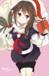 Rule 34 | 10s, 1girl, bad id, bad twitter id, black gloves, blush, braid, brown hair, fingerless gloves, gift, gloves, hair flaps, hair ornament, hair over shoulder, hat, jpeg artifacts, kantai collection, long hair, looking at viewer, over shoulder, pink background, remodel (kantai collection), sack, santa hat, scarf, shigure (kancolle), single braid, skirt, smile, solo, takehana note, the yuudachi-like creature, twitter username