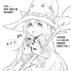 Rule 34 | 1girl, animal ears, chinese text, dated, ejami, hat, league of legends, long hair, looking at viewer, lulu (league of legends), monochrome, open mouth, pointy ears, signature, simple background, smile, solo, staff, white background, witch hat, yordle