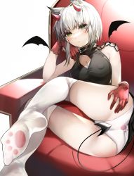 Rule 34 | animal ear fluff, animal ears, arknights, arm support, black dress, blush, cat ears, cat girl, chinese commentary, cleavage cutout, clothing cutout, collar, commentary request, covered erect nipples, demon horns, demon tail, dress, gloves, green eyes, green hair, highres, horns, kal&#039;tsit (arknights), over-kneehighs, panties, paw print, paw print soles, red gloves, sleeveless, sleeveless dress, tabayashi, tail, thighhighs, underwear, white panties