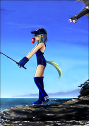 Rule 34 | 00s, 1girl, baseball cap, beach, blue thighhighs, boots, can, ciel (tsukihime), day, fishing, fishing rod, flying kick, gloves, green hair, hair over eyes, hat, holding, holding fishing rod, incoming attack, kicking, mouth hold, nanako, nanako (melty blood), ocean, one-piece swimsuit, outdoors, pointy ears, puyo (puyotopia), school swimsuit, short hair, solo, swimsuit, tail, thigh boots, thighhighs, tsukihime, water