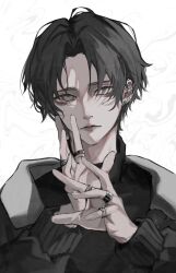 Rule 34 | 1boy, black hair, closed mouth, ear piercing, earclip, earrings, expressionless, highres, jewelry, long sleeves, looking at viewer, male focus, multiple rings, original, own hands together, parted lips, piercing, ring, short hair, simple background, solo, upper body, yosiedayo