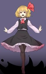 Rule 34 | 1girl, ascot, black background, black skirt, black vest, blonde hair, collared shirt, commentary, contrapposto, frilled skirt, frills, full body, hair ribbon, highres, kakone, long sleeves, looking at viewer, one-hour drawing challenge, open mouth, outstretched arms, pantyhose, red ascot, red eyes, red ribbon, ribbon, rumia, shirt, short hair, simple background, skirt, solo, touhou, vest, white shirt