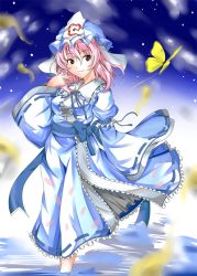 Rule 34 | 1girl, ascot, bad id, bad pixiv id, blue theme, bow, breasts, brown eyes, bug, butterfly, cloud, dress, female focus, frills, gradient background, hat, insect, japanese clothes, outdoors, petals, pink hair, rakutyan97, ribbon, saigyouji yuyuko, sky, solo, touhou, triangular headpiece, water, white background, wings