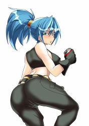 Rule 34 | 1girl, ass, back, bad id, bad pixiv id, belt, black gloves, blue eyes, blue hair, blush, breasts, can, crop top, drink can, earrings, explosive, from behind, gloves, grenade, jewelry, large breasts, leona heidern, long hair, looking back, matching hair/eyes, nightmare-doom, open mouth, pants, ponytail, soda can, solo, strap gap, tank top, the king of fighters