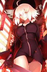 Rule 34 | 1girl, absurdres, black dress, black panties, blonde hair, breasts, cameltoe, city, dress, fate/grand order, fate (series), fur trim, gluteal fold, highres, holding, holding sword, holding weapon, jacket, jeanne d&#039;arc (fate), jeanne d&#039;arc alter (fate), jeanne d&#039;arc alter (ver. shinjuku 1999) (fate), large breasts, looking at viewer, off shoulder, official alternate costume, official style, panties, pantyshot, paperfinger, revision, short dress, smile, solo, standing, sword, thighs, underwear, weapon