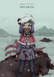 Rule 34 | 1girl, akeome, bad id, bad pixiv id, beret, black pantyhose, blood, blood on ground, closed eyes, cow, dead animal, guro, happy, happy new year, harukaze unipo, hat, new year, open mouth, original, pantyhose, purple hair, skirt, smile, solo, unipo, white hat, yukari-chan, zombie