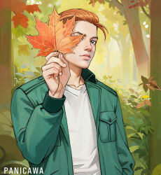 1boy adelheid_(moschiola) artist_name blue_eyes covering_one_eye forest green_jacket hair_slicked_back highres holding holding_leash jacket leaf leash male_focus maple_leaf nature orange_hair parted_lips porco_galliard shingeki_no_kyojin shirt solo tree upper_body white_shirt