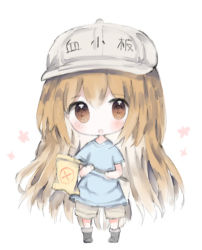 Rule 34 | 10s, 1girl, :d, bad id, bad pixiv id, black footwear, blue shirt, blush, boots, brown eyes, brown shorts, character name, chibi, cottontailtokki, flag, flat cap, full body, grey hat, hair between eyes, hat, hataraku saibou, highres, holding, holding flag, light brown hair, long hair, looking at viewer, open mouth, platelet (hataraku saibou), shirt, short shorts, short sleeves, shorts, smile, solo, standing, very long hair, white background