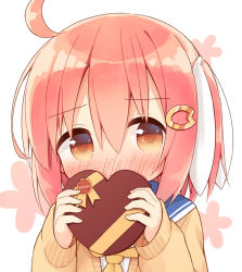 Rule 34 | 1girl, ahoge, ayanepuna, blue sailor collar, blush, box, brown eyes, brown sweater, closed mouth, floral background, gift, gift box, hair between eyes, hair ribbon, hands up, heart-shaped box, holding, holding gift, long sleeves, looking at viewer, nose blush, one side up, original, pink hair, ribbon, sailor collar, shirt, simple background, sleeves past wrists, solo, sweater, upper body, white background, white ribbon, white shirt, yellow neckwear, yune (ayanepuna)