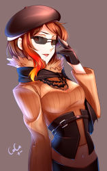 Rule 34 | 1girl, bad id, bad pixiv id, beret, blonde hair, breasts, brown eyes, brown hair, coco adel, corset, fingerless gloves, gloves, hat, jewelry, looking at viewer, midriff, multicolored hair, navel, necklace, open mouth, orange shirt, red hair, rwby, shirt, short hair, shumai (sm318), simple background, solo, sunglasses