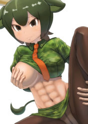 Rule 34 | 10s, 1girl, abs, animal ears, aurochs (kemono friends), bad id, bad pixiv id, black hair, breast pocket, breasts, brown pantyhose, camouflage, camouflage shirt, camouflage skirt, closed mouth, clothes lift, collared shirt, covering nipples, covering privates, crop top, cropped shirt, crotch seam, dutch angle, gazelle ears, gazelle tail, grabbing own breast, gradient hair, green hair, green shirt, green skirt, grey eyes, hair between eyes, hand on own thigh, highres, horns, impossible clothes, impossible shirt, kemono friends, knee up, layered sleeves, long sleeves, looking at viewer, medium breasts, microskirt, midriff, multicolored hair, navel, necktie, no bra, okome kogashi, one breast out, panties, panties under pantyhose, pantyhose, parted bangs, pocket, red necktie, shirt, shirt lift, short hair, short over long sleeves, short sleeves, sidelocks, simple background, sitting, skirt, smile, solo, spread legs, stomach, tail, toned, tsurime, two-tone hair, underwear, upper body, white background, wing collar