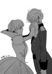 Rule 34 | 10s, 1boy, 1girl, aldnoah.zero, asseylum vers allusia, bad id, bad pixiv id, buttons, closed eyes, crying, double-breasted, dress, greyscale, hands on another&#039;s face, long sleeves, m2r, military, military uniform, monochrome, puffy long sleeves, puffy sleeves, short hair, slaine troyard, smile, uniform