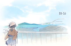 Rule 34 | 1girl, artist name, black hair, blue skirt, blue sky, bridge, brown shawl, cloud, commentary request, dated, day, from behind, hair flaps, jingei (kancolle), kantai collection, kirisawa juuzou, long hair, low ponytail, mountain, outdoors, pleated skirt, railing, scenery, shawl, skirt, sky, solo