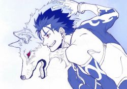Rule 34 | 1boy, 1other, back, blue hair, bobtomgom, bracelet, crescent, crescent necklace, cu chulainn (fate), cu chulainn (fate/stay night), cu chulainn (second ascension) (fate), detached sleeves, dog, earrings, fate/grand order, fate/stay night, fate (series), from side, fur, grin, jewelry, necklace, official alternate costume, red eyes, short hair, smile, spiked hair, strap, topless male, type-moon, wolf